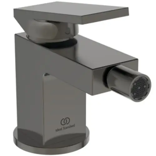 Bidetarmatur in modernem Design, hergestellt von Ideal Standard. Die Armatur hat einen ausgestellten Wasserhahn und eine runde Auslassöffnung. Farbe: Magnetic Grey.